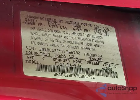 2007 Nissan Versa S/Sl from USA, damaged, VIN 3N1BC13E97L366732